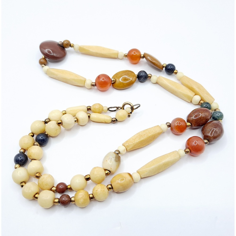 Vintage Beggars Bead Necklace Polished Stone Fall Earth Tones 28" - Picture 8 of 13